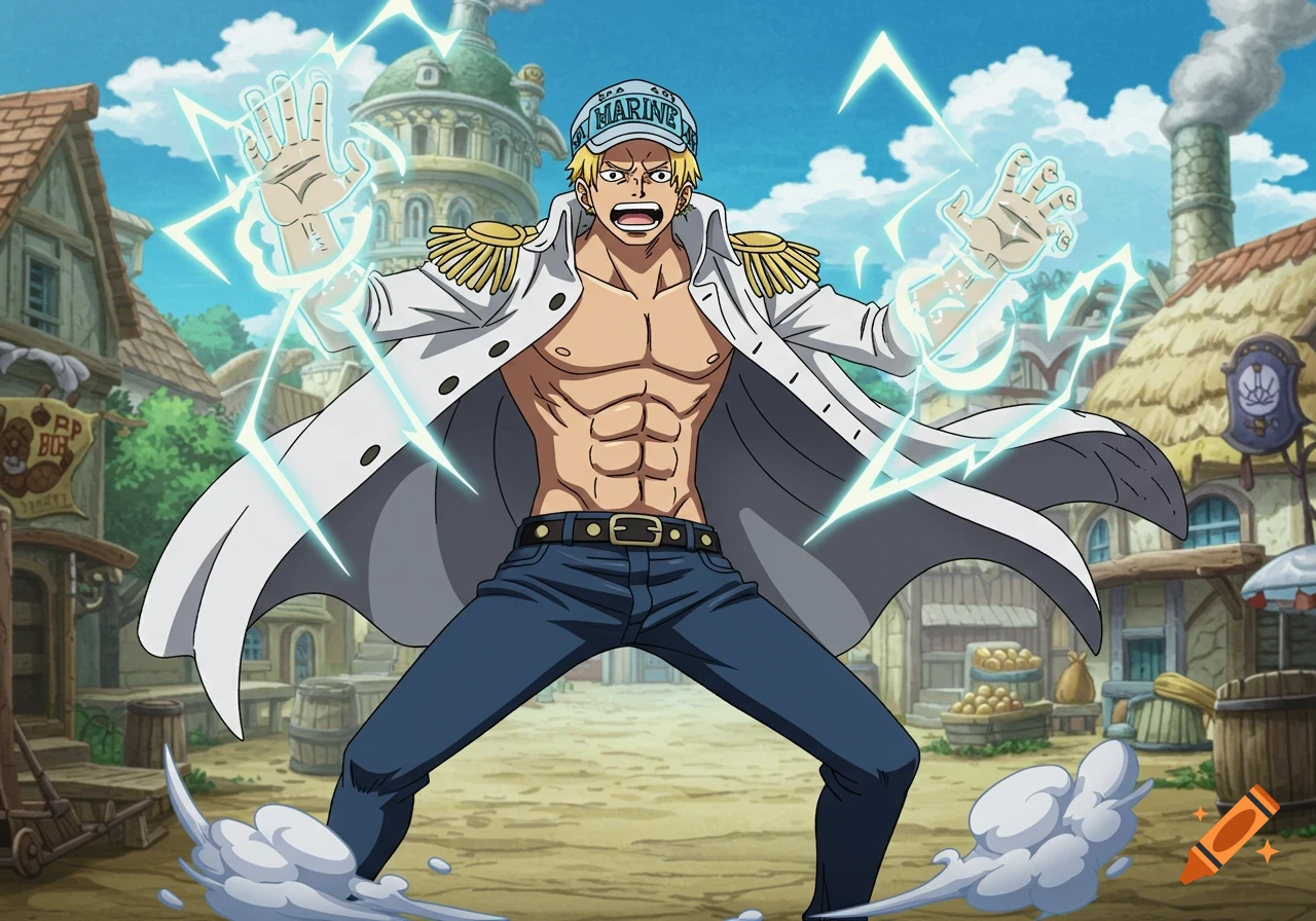Anime character from One Piece with lightning hands in a village