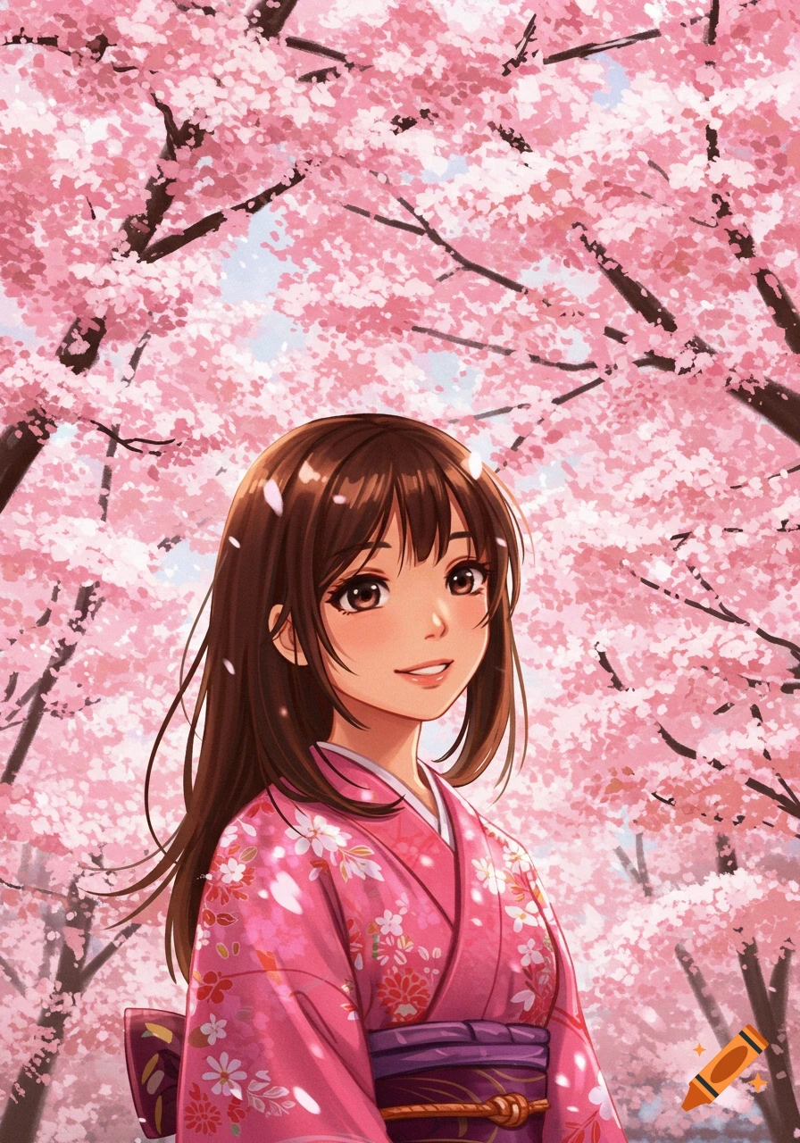 Anime girl in a pink kimono under cherry blossom trees.