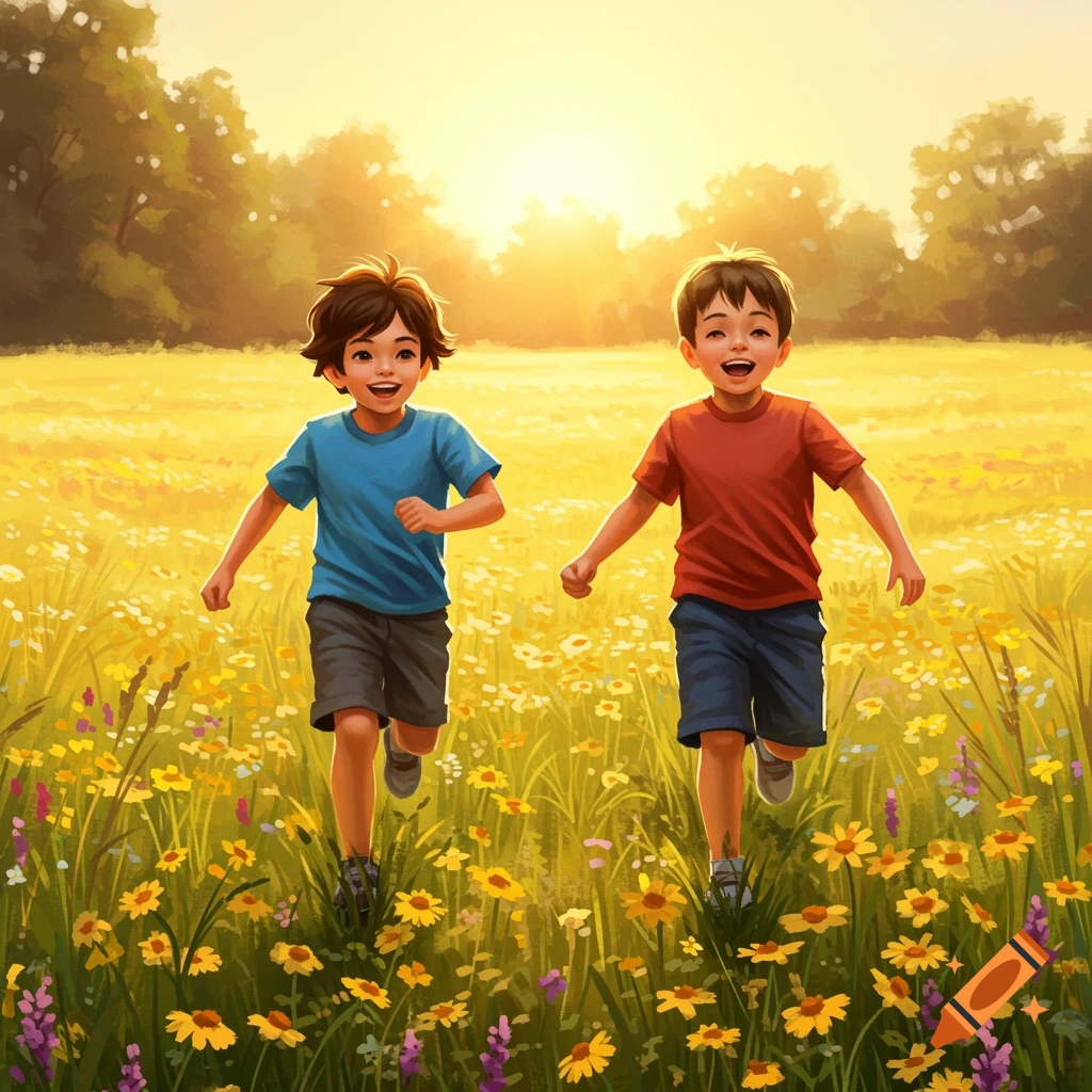 Two boys running through a sunny field of wildflowers.