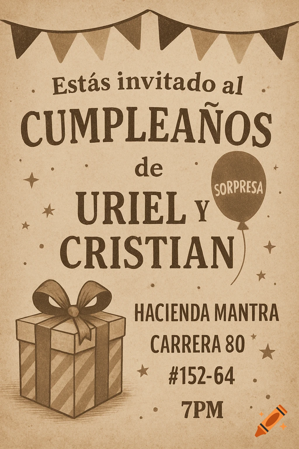 Vintage style birthday invitation with text, gift box, balloon, and banner