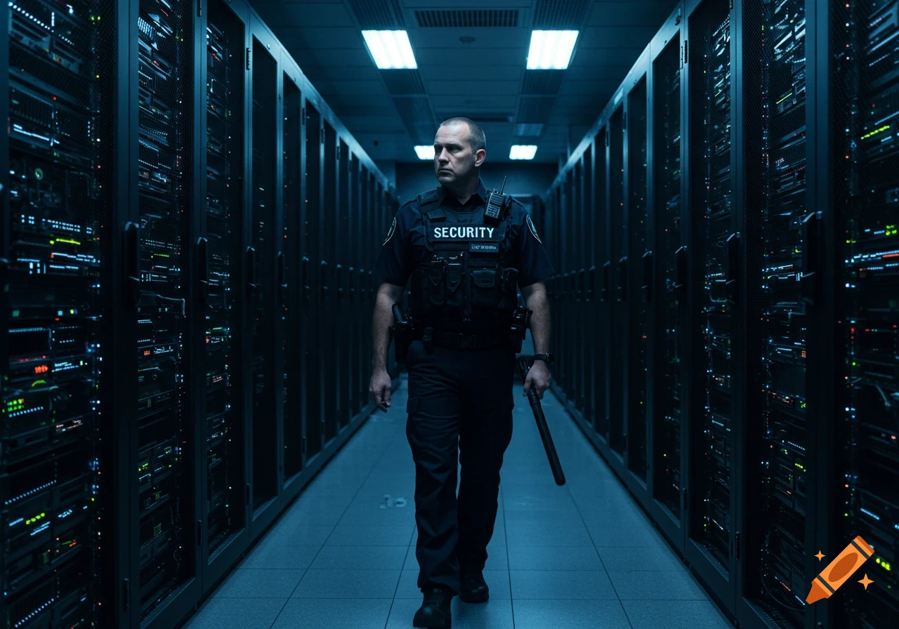 Security guard walks down aisle in data center