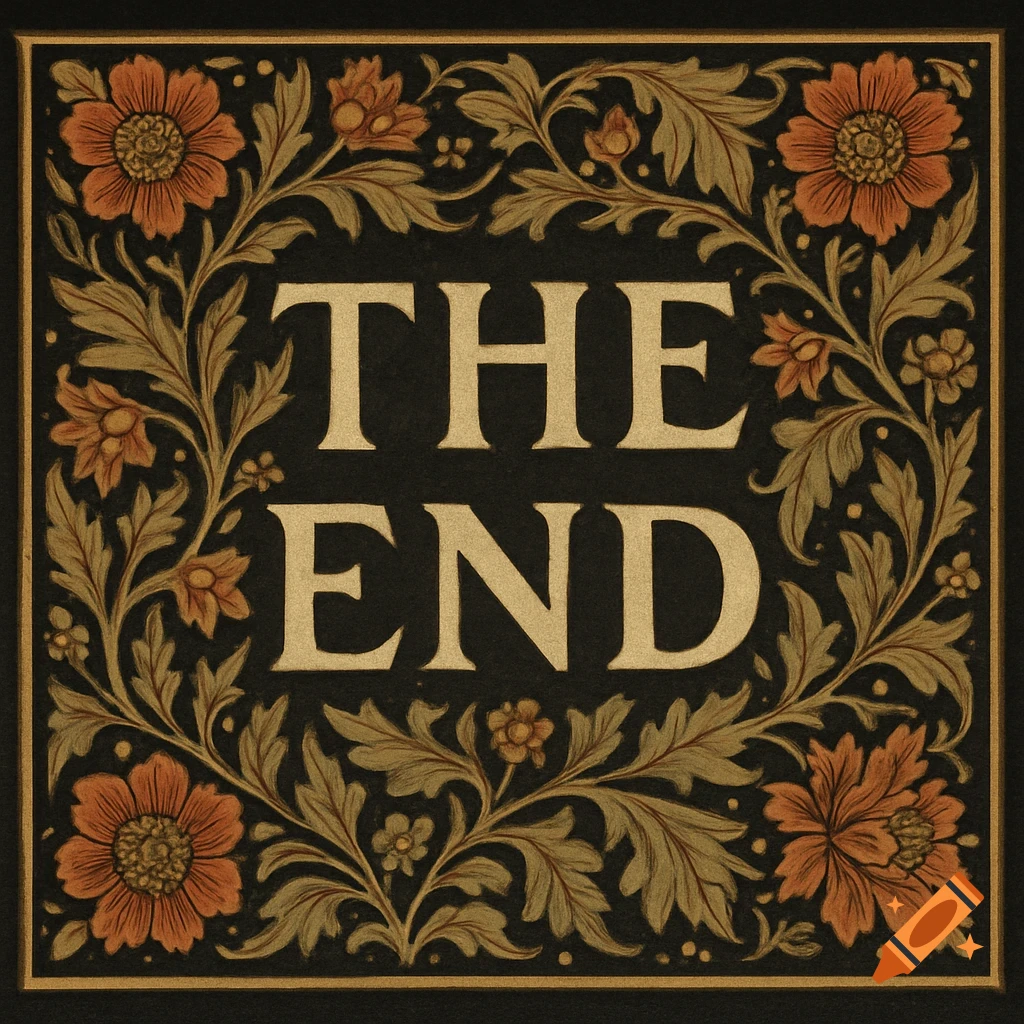 Decorative floral border in Arts and Crafts style around the words "THE END"
