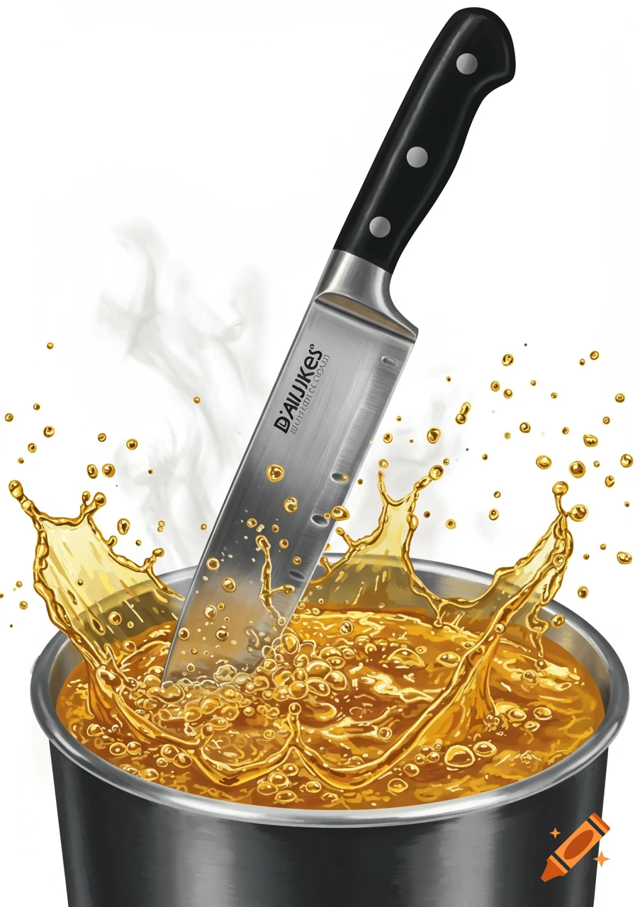 Illustration of a chef knife plunging into splashing golden liquid in a dark pot.