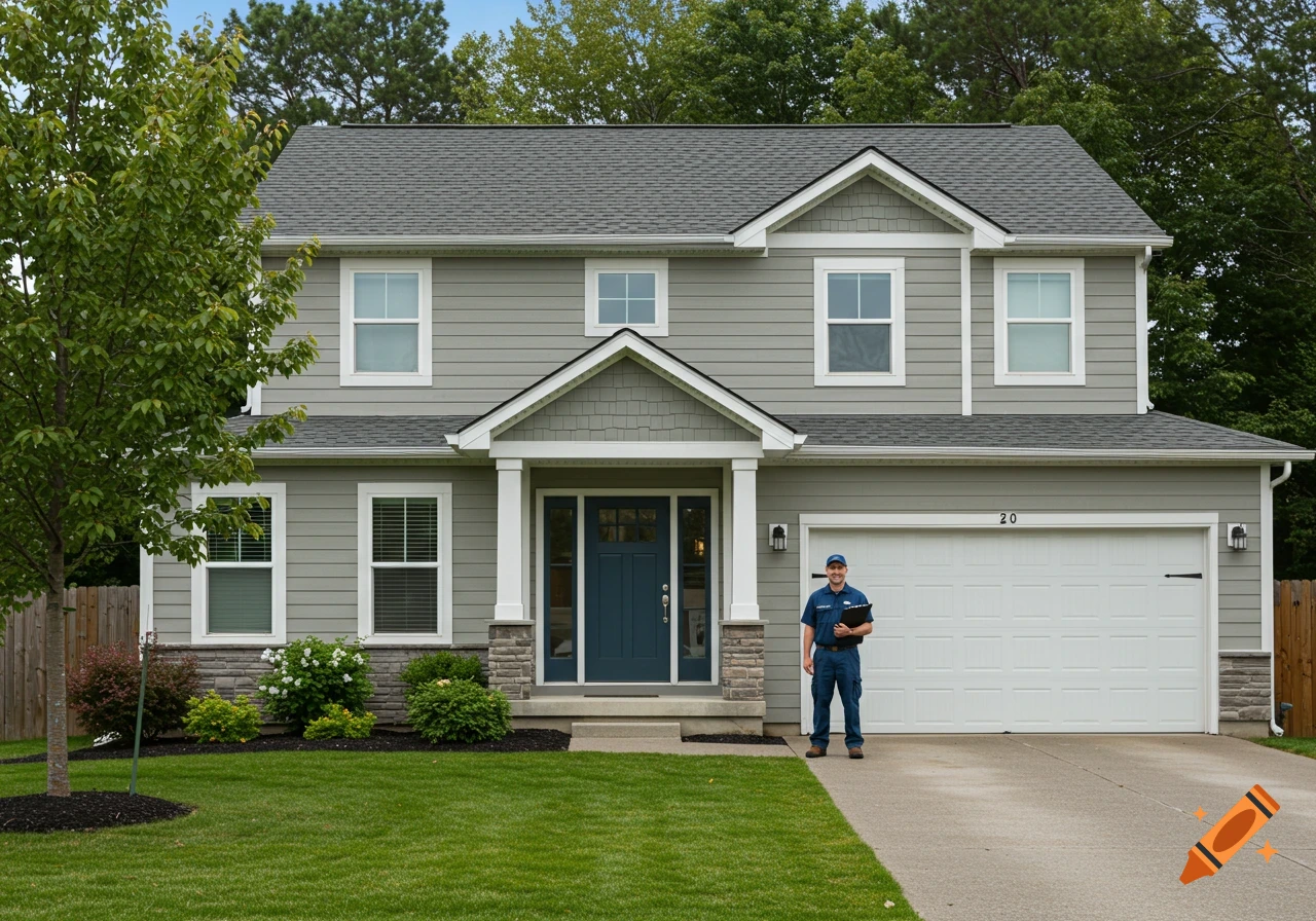 A service professional stands smiling with a clipboard in front of a modern suburban house.