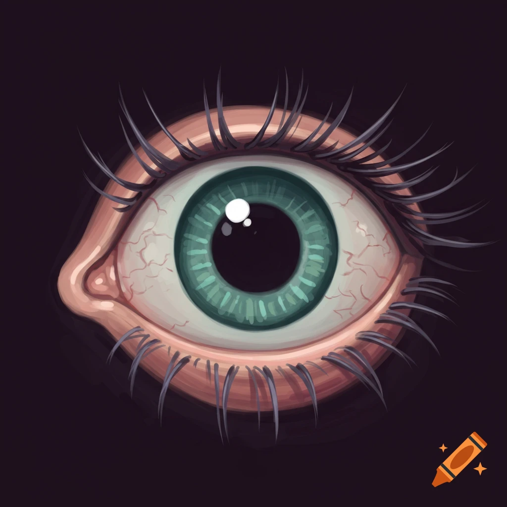 A stylized close-up drawing of a single eye with green iris, long lashes, and visible veins.