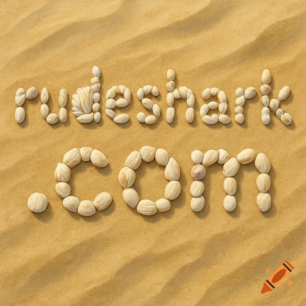 The text rudeshark.com spelled out with seashells on sand.