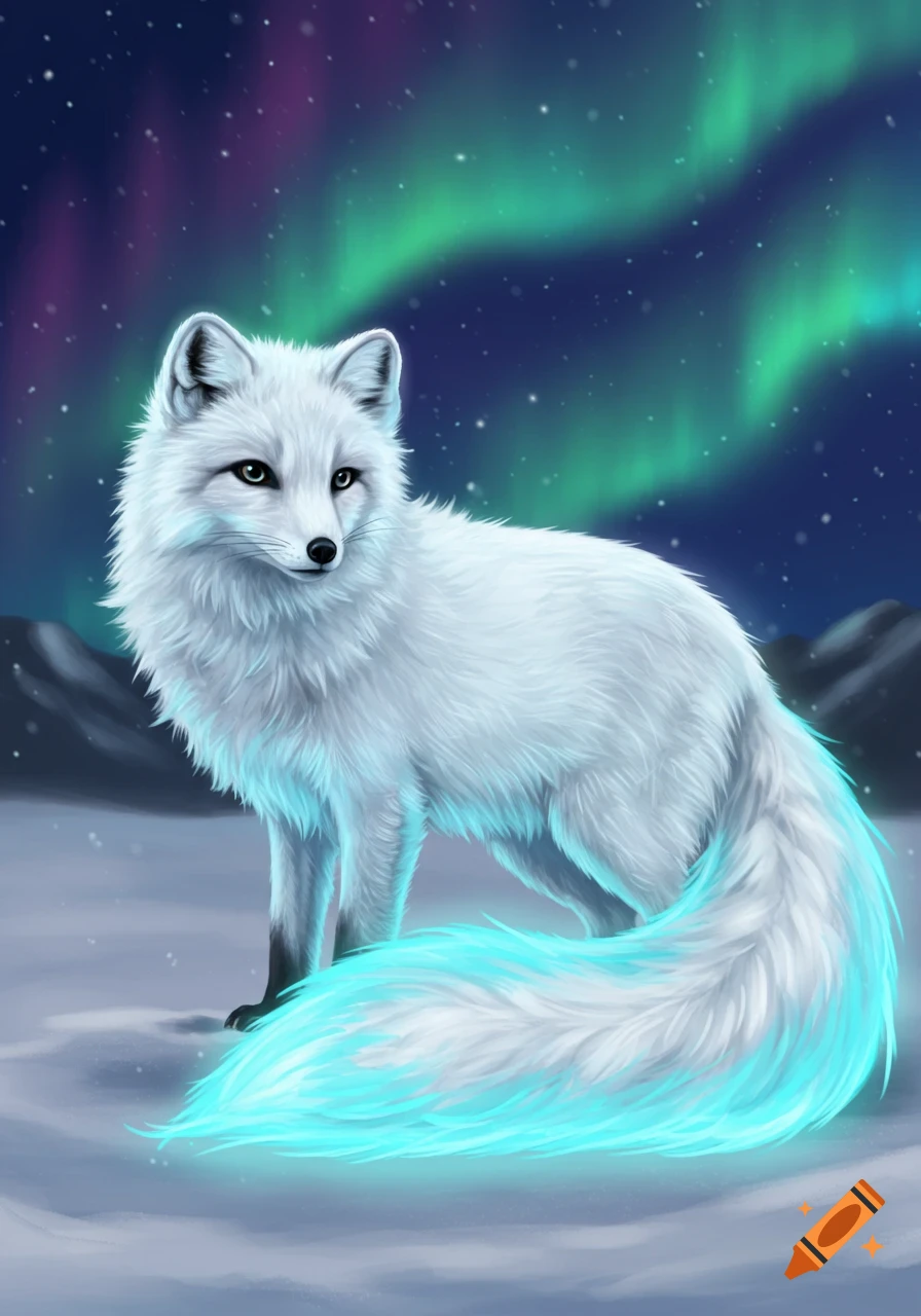 An arctic fox with a glowing blue tail stands in a snowy landscape under the aurora borealis.