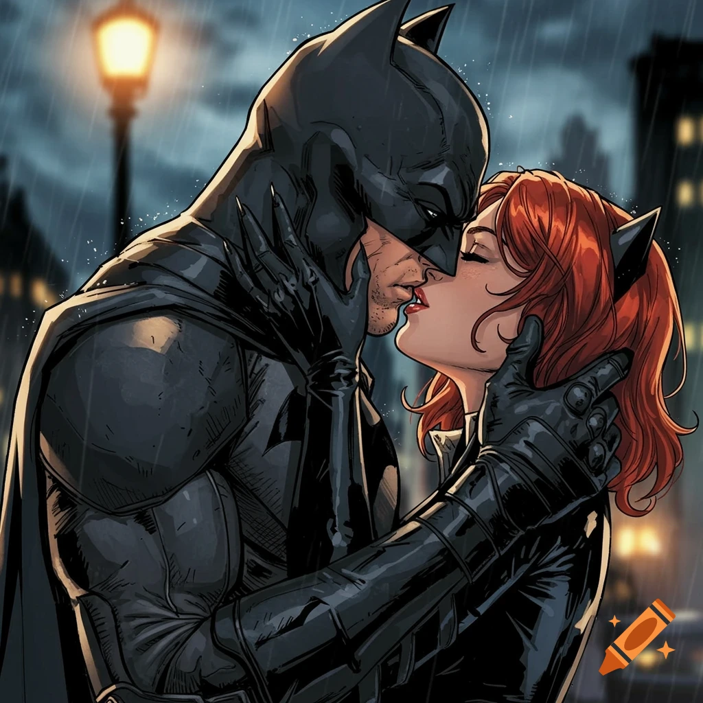 Batman and Catwoman kiss in the rain in comic book art style.