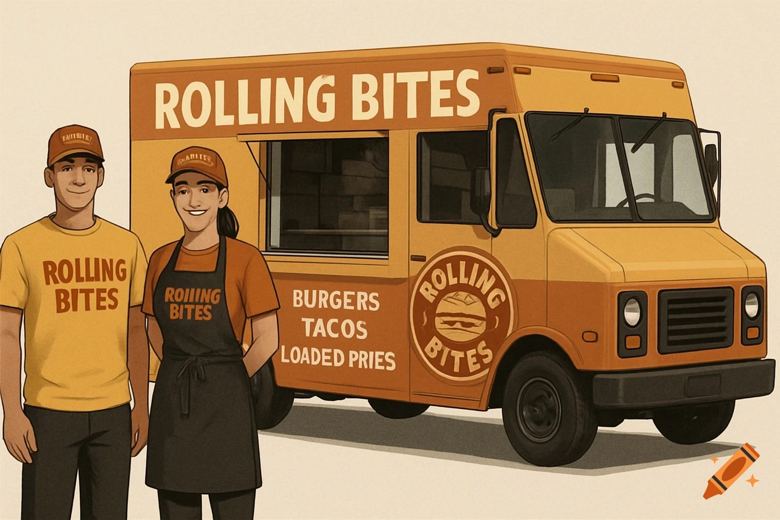 Illustration of two people standing in front of a yellow and orange food truck with 'Rolling Bites' branding.