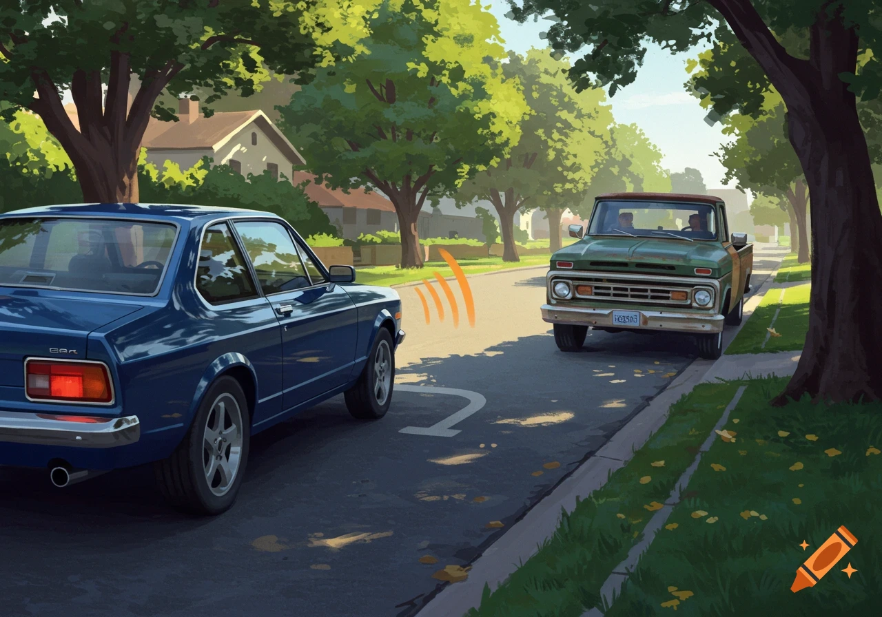 Illustration of a blue car signaling near a parked green truck on a sunny residential street.