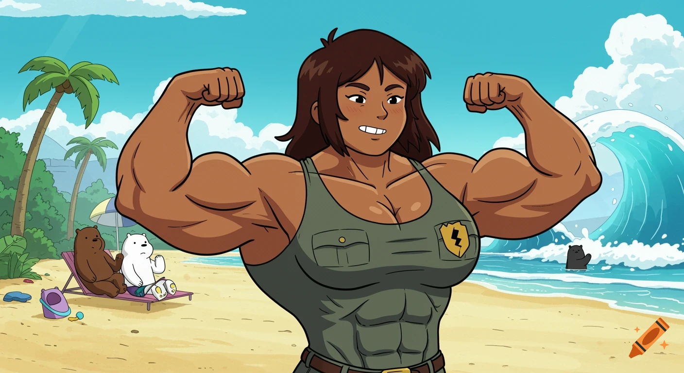 Cartoon character Ranger Tabes flexing muscles on beach with bears