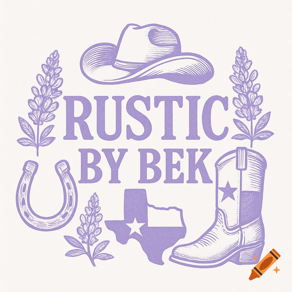 Rustic western style logo with cowboy hat, horseshoe, boot, Texas map, bluebonnets, and text "Rustic By Bek".