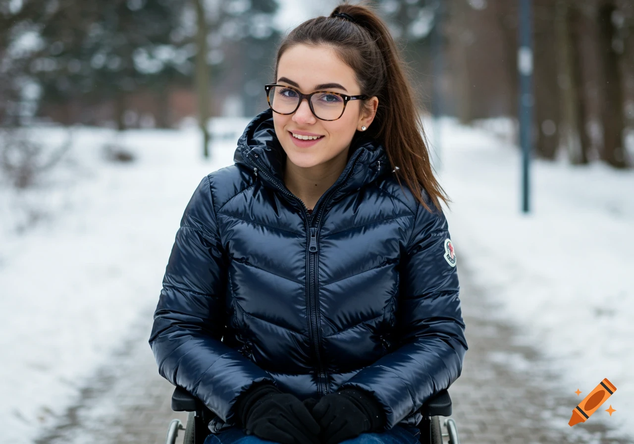 A young woman in a blue puffer jacket and glasses sits in a wheelchair on a snowy path.