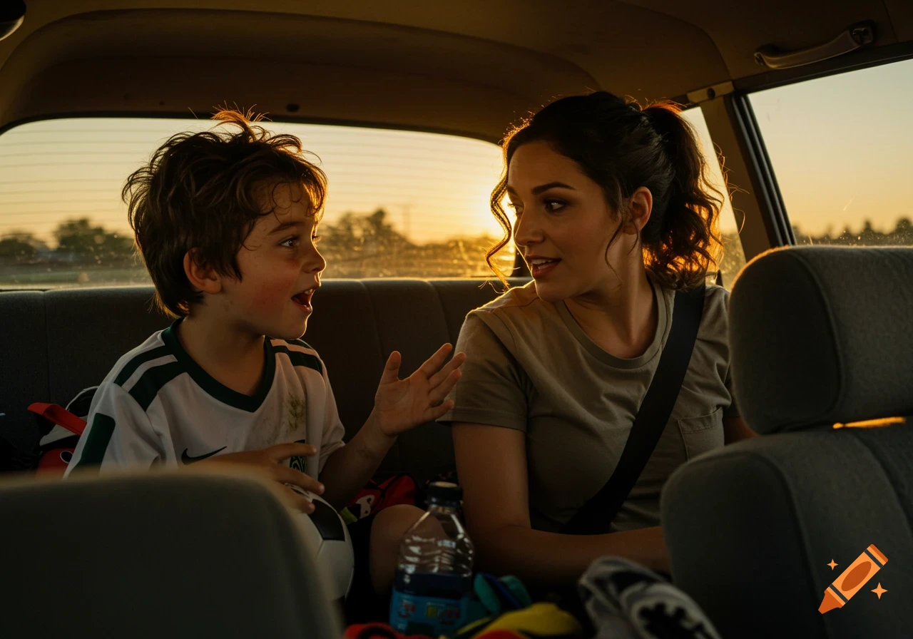 Mother and young son talk in the backseat of a car at sunset with a soccer ball. Photorealistic.