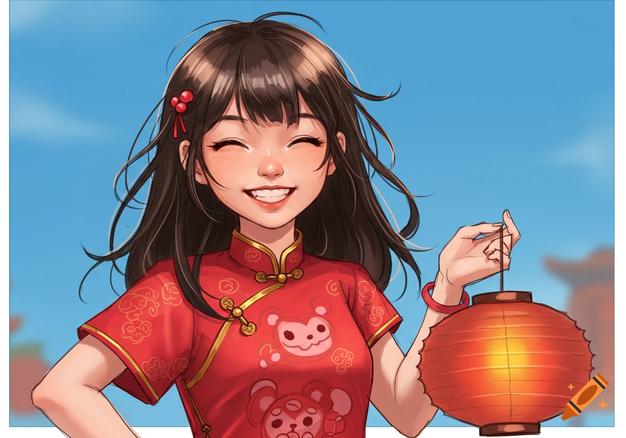 Smiling anime girl in red Chinese dress holding a lantern.