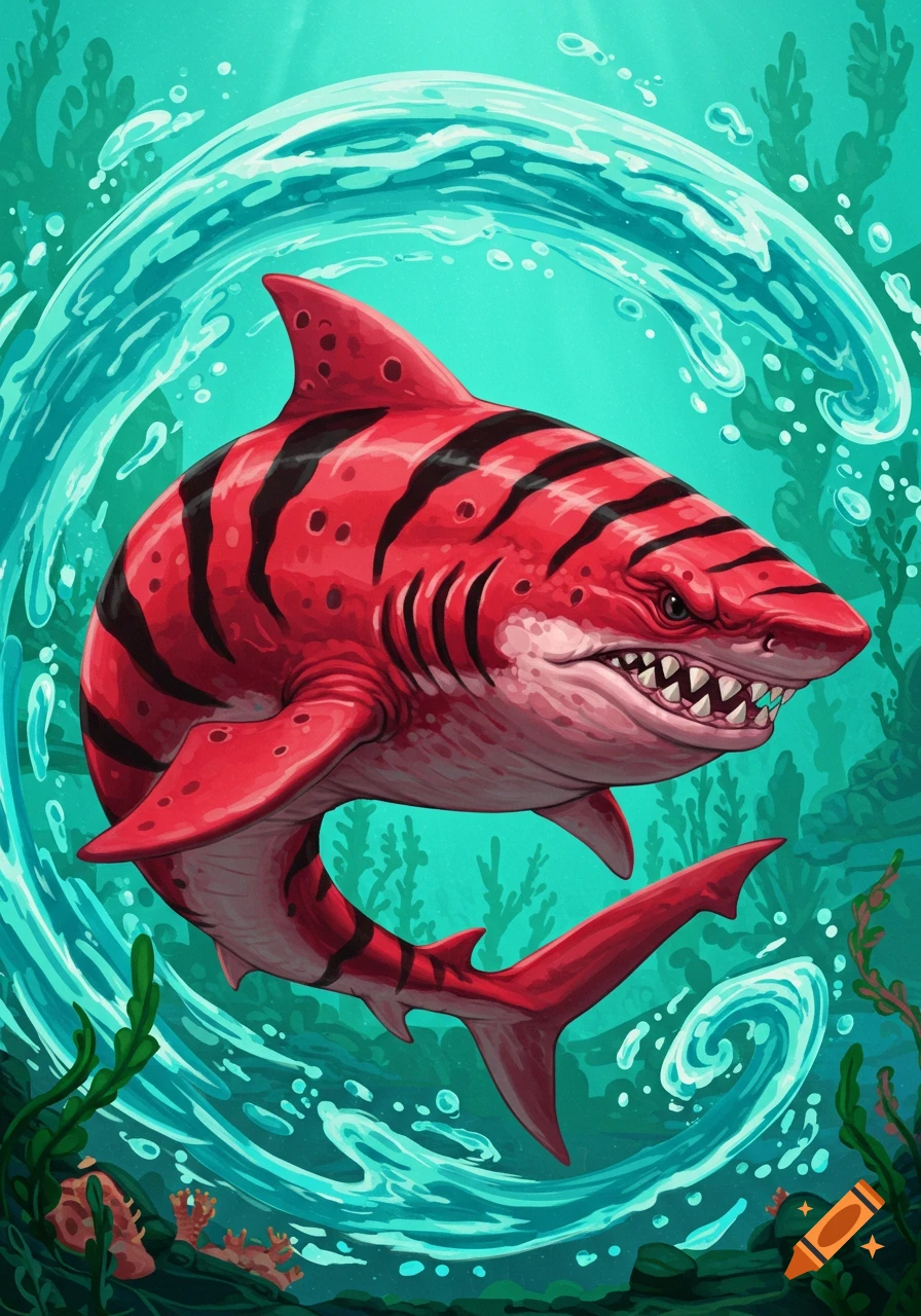 Illustration of a red shark with black stripes swimming in turquoise water.
