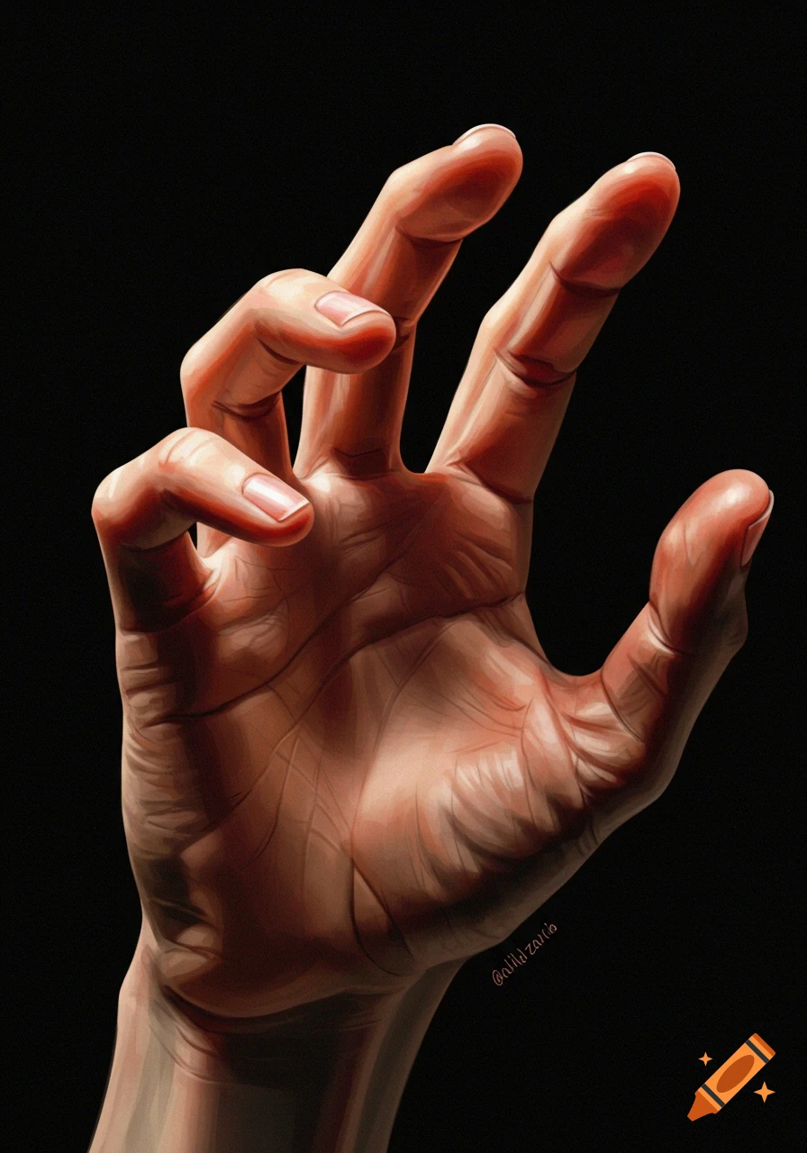A detailed digital painting of a hand, fingers slightly closed, viewed from the palm side against a black background.