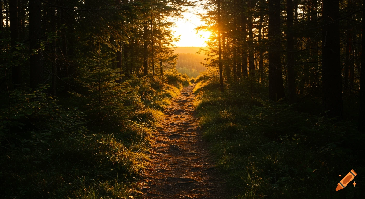 A sunlit path winding through a dark forest during sunset. on Craiyon