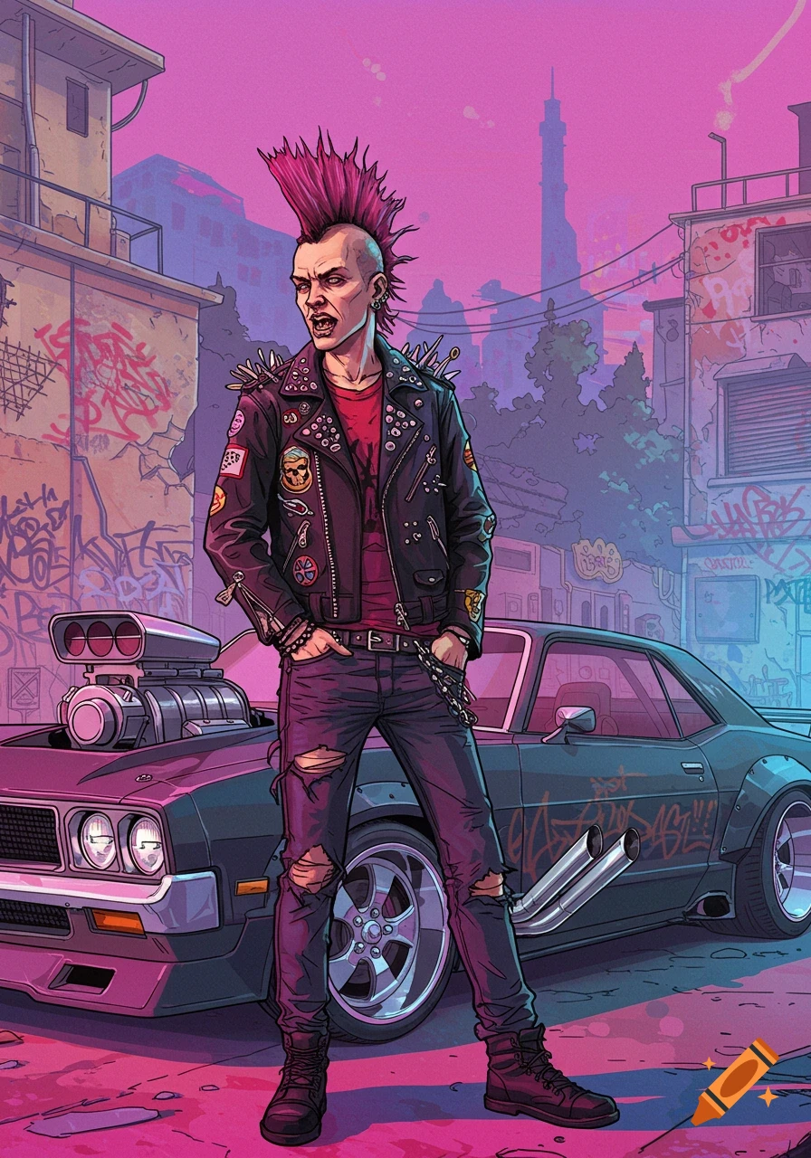 Punk character with pink mohawk and leather jacket stands next to a custom car in urban setting, comic book style.