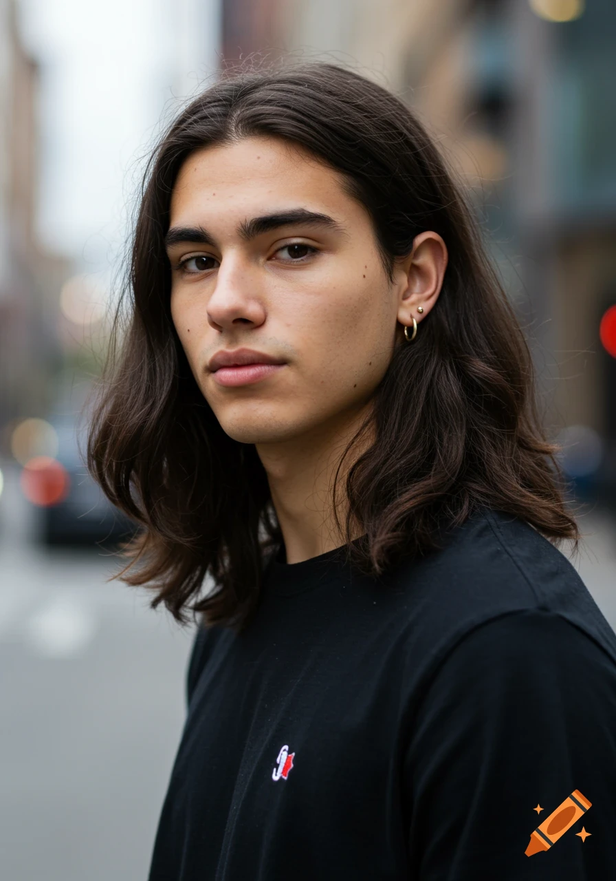 Portrait of a young man with long dark hair and earrings wearing a ...