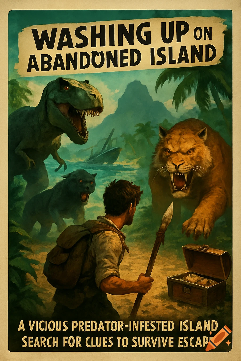 Poster for 'Washing Up on Abandoned Island' game showing man facing dinosaur and saber-tooth cat on a tropical island.
