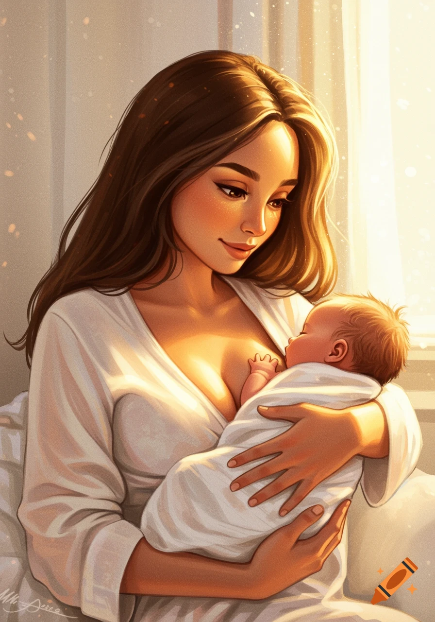 A close-up illustration of a mother tenderly holding and breastfeeding her newborn baby, bathed in warm light.
