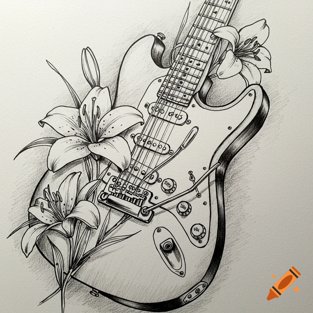 Sketch of an electric guitar with lily flowers