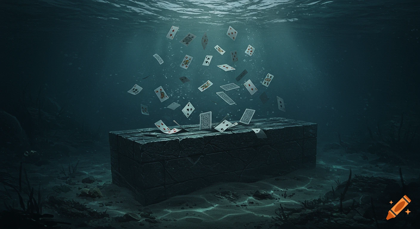 An underwater scene with a stone chest and playing cards floating above it.