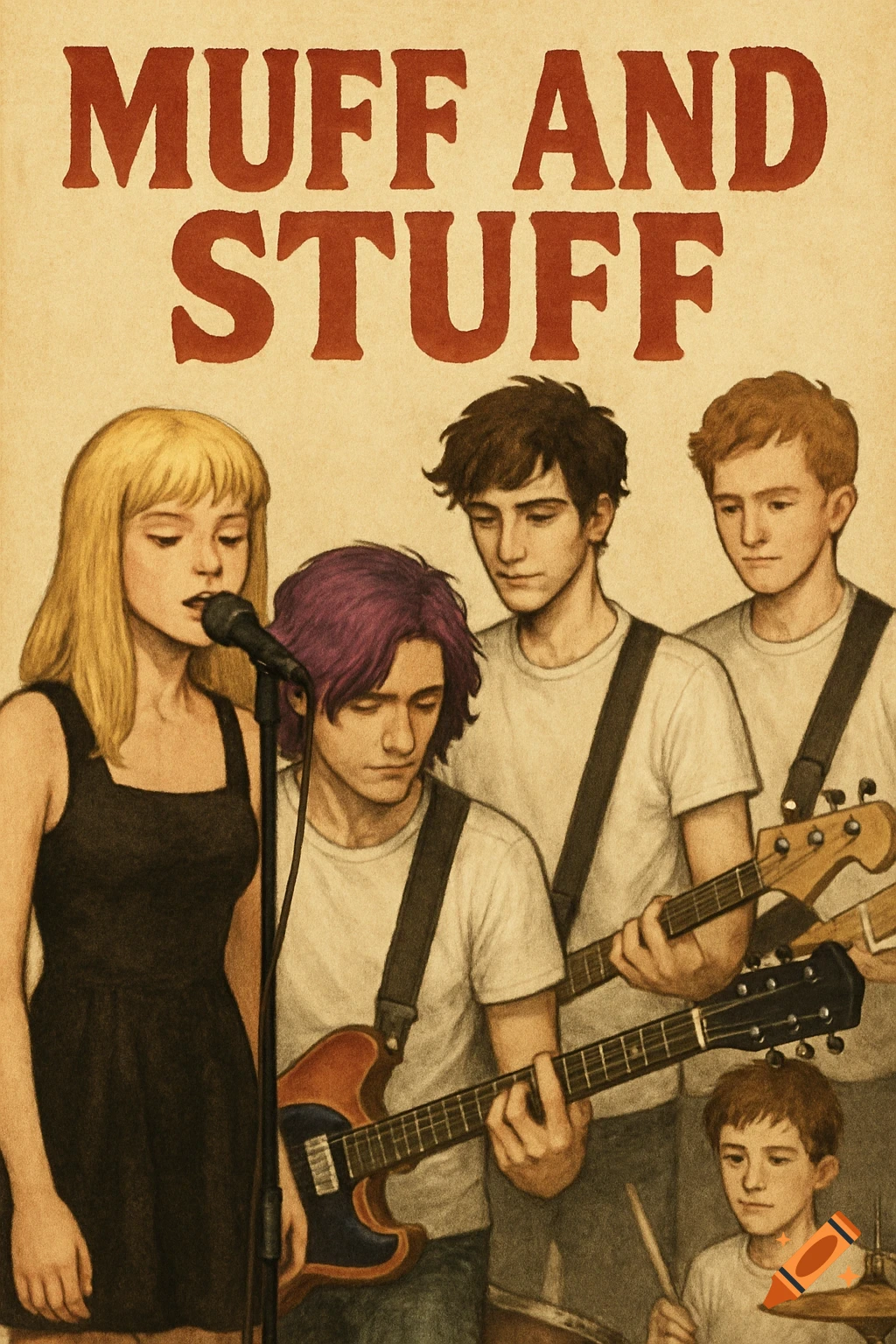 Illustration of an indie band with text MUFF AND STUFF above them, like an album cover.