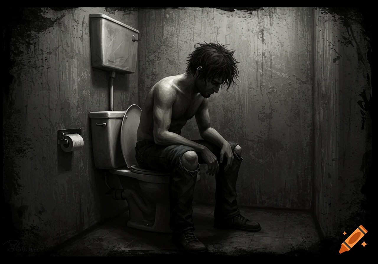 Monochromatic illustration of a grunge man sitting on a toilet in a dark, gritty bathroom.