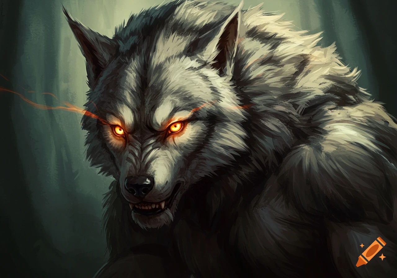 A close-up digital painting portrait of a snarling werewolf with glowing orange eyes and grey and black fur.