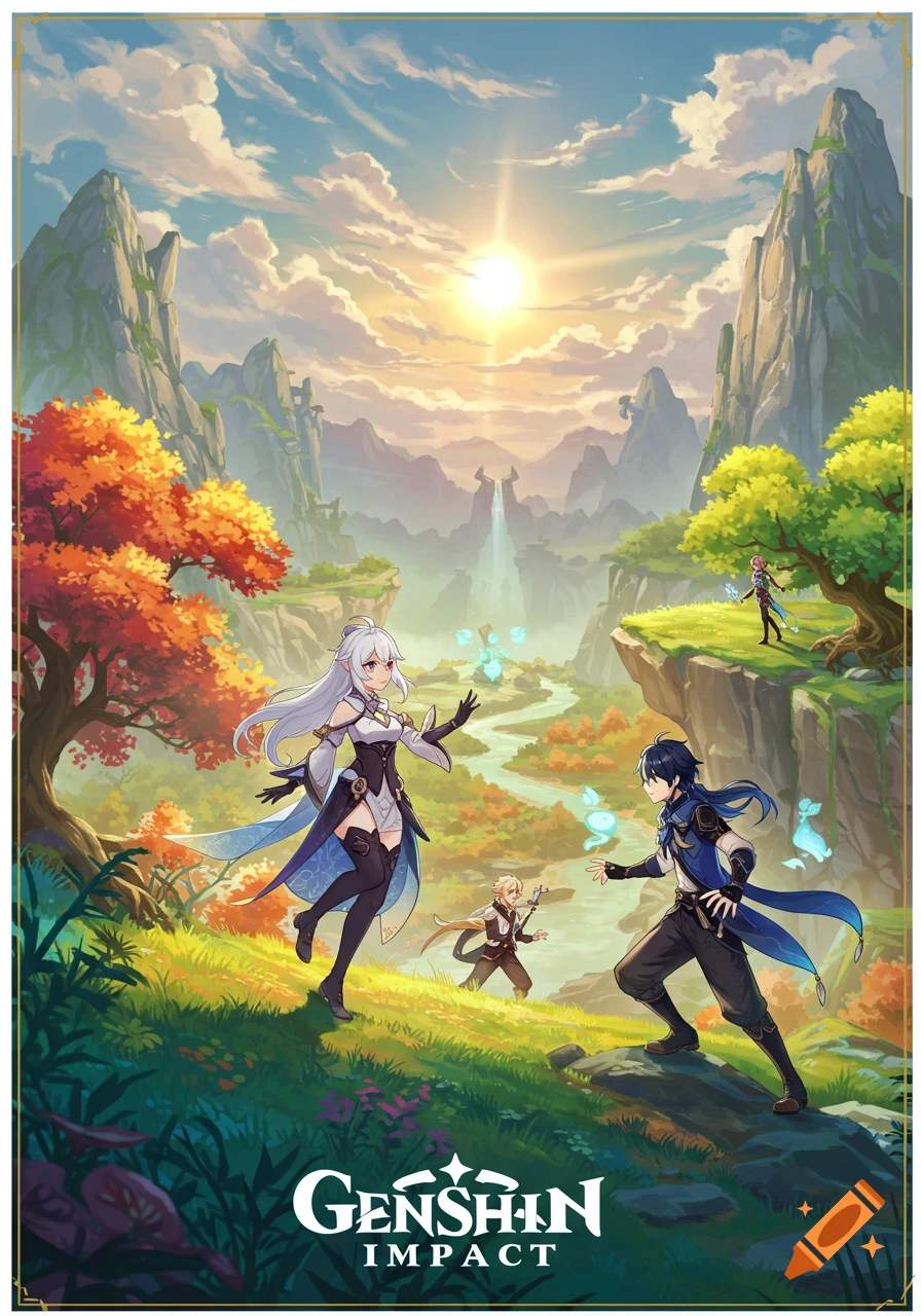 Several anime characters in a vibrant fantasy landscape with mountains, river, waterfall, and autumn trees under a bright sun.