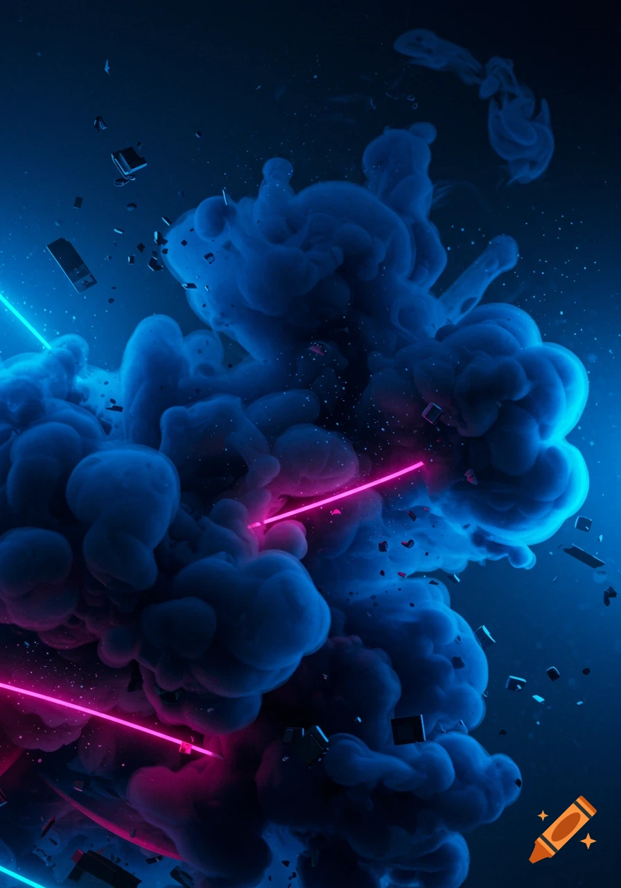 Abstract image with blue smoke, pink and blue light beams, and dark geometric fragments on a dark background.