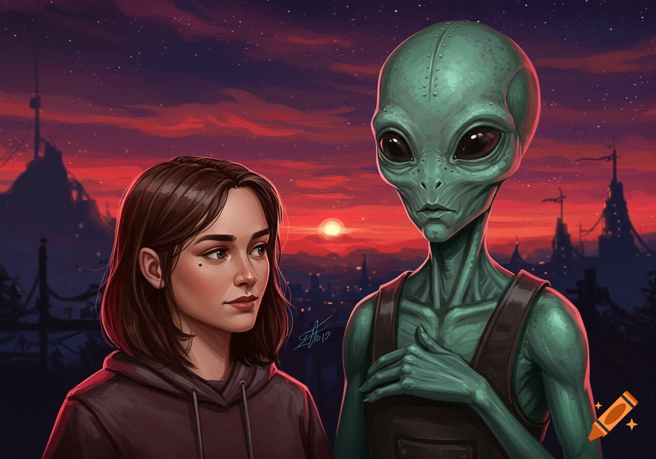 Digital art of a person looking at an alien against a sunset city skyline.