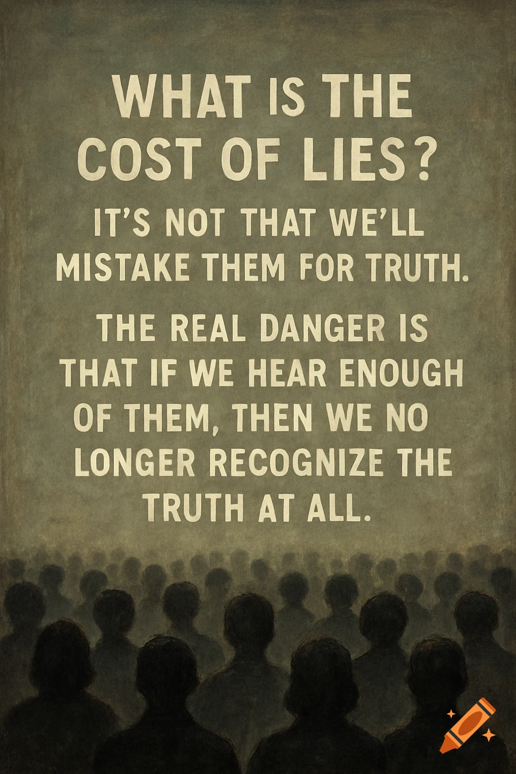 A poster with the quote 'What is the cost of lies?' above a silhouetted crowd.