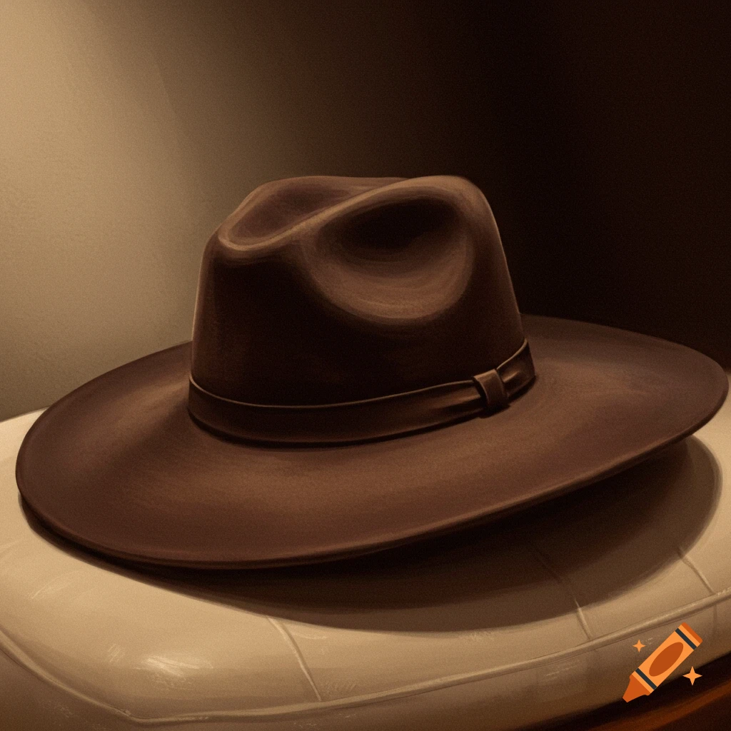 A brown hat sits on a cream-colored surface in a dark room, painted in a still life style.