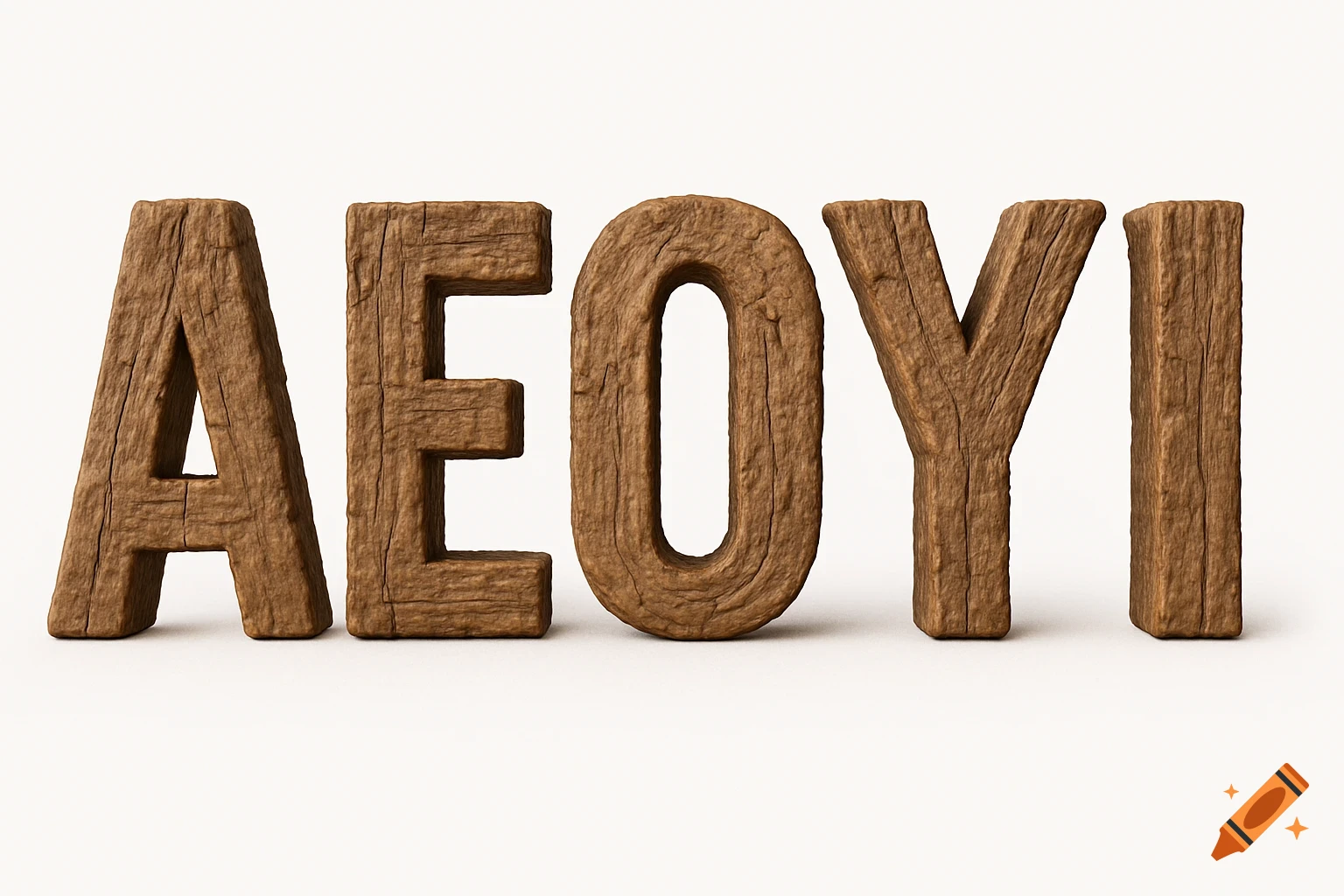 3D letters A, E, 0, Y, I made of rough wood on a white background.