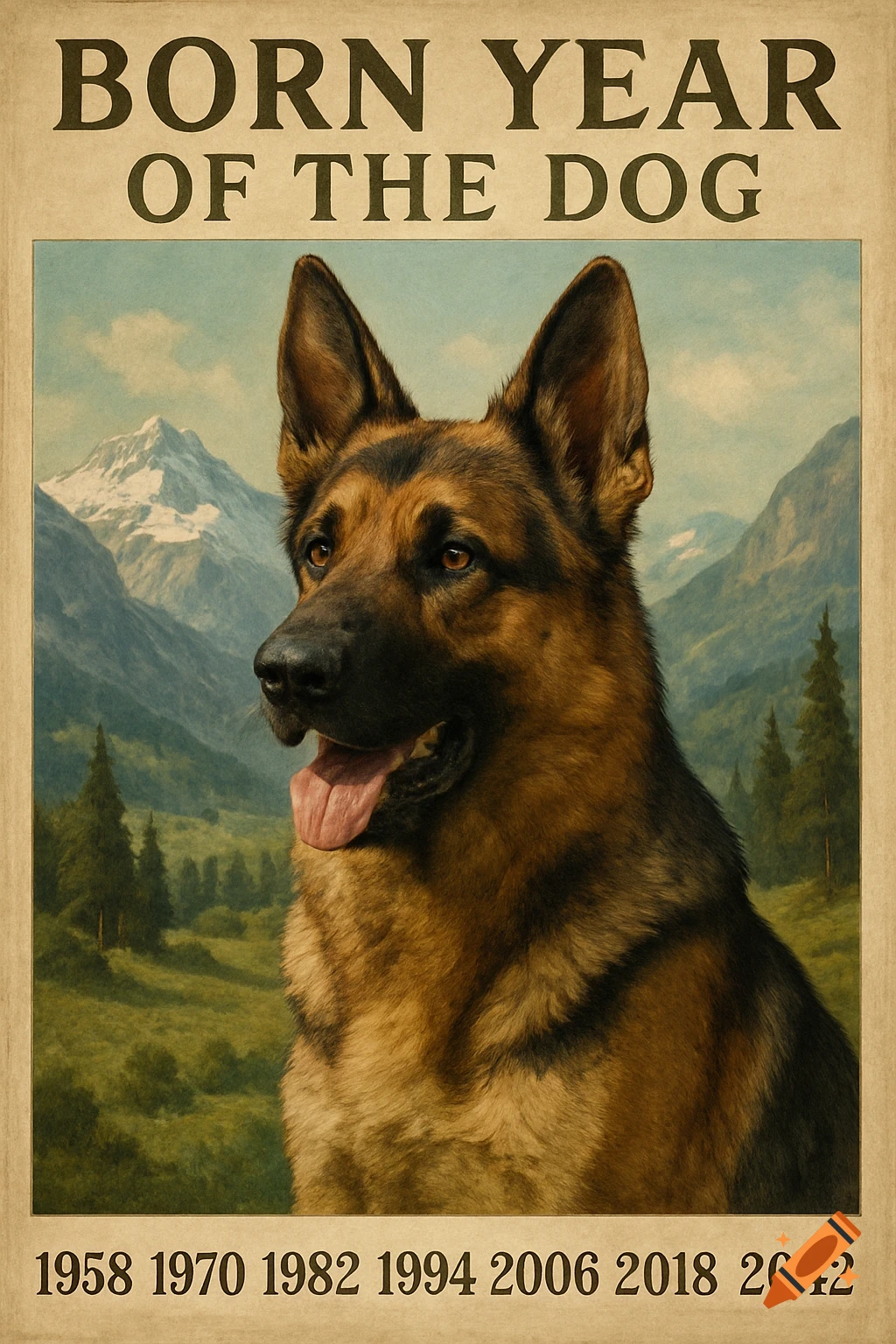 Poster of a German Shepherd in a mountain valley with text 'Born Year of the Dog' and years.