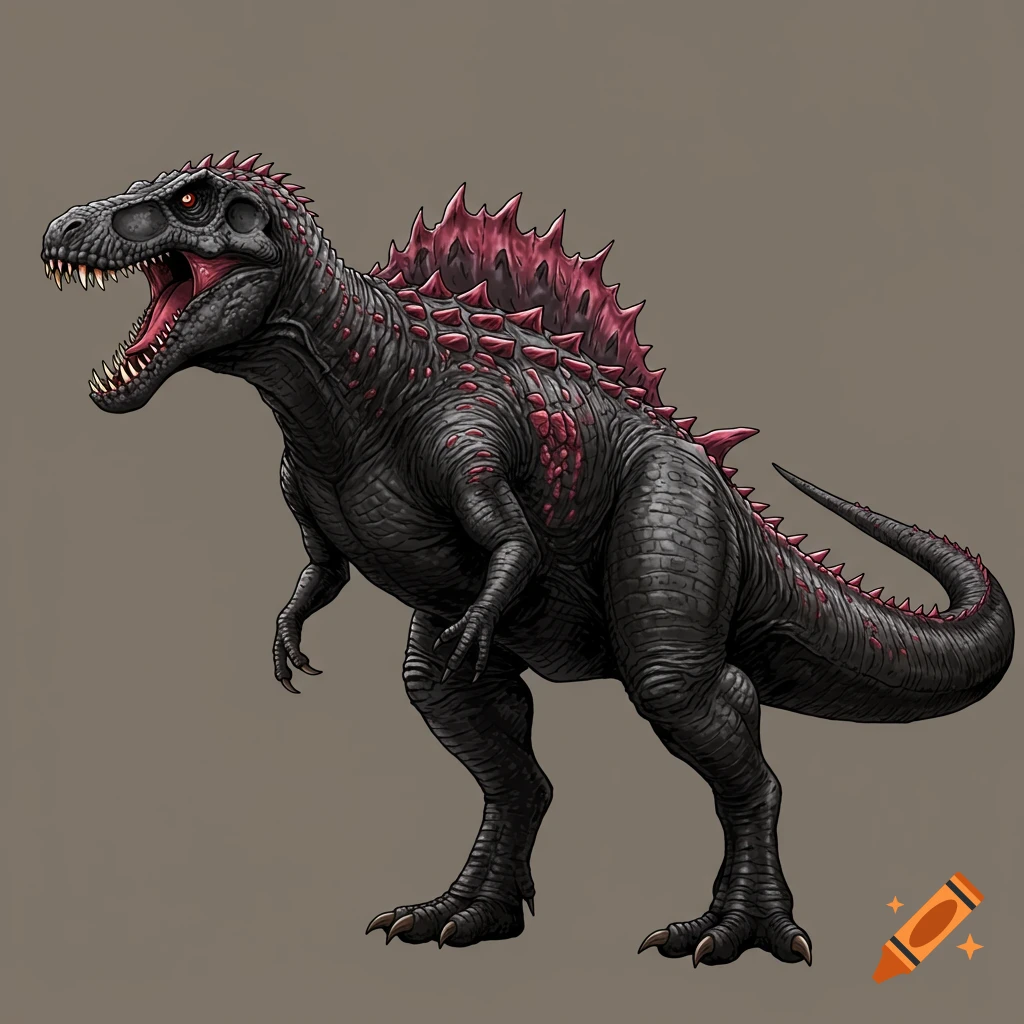 Black dinosaur hybrid with red spikes stands roaring.
