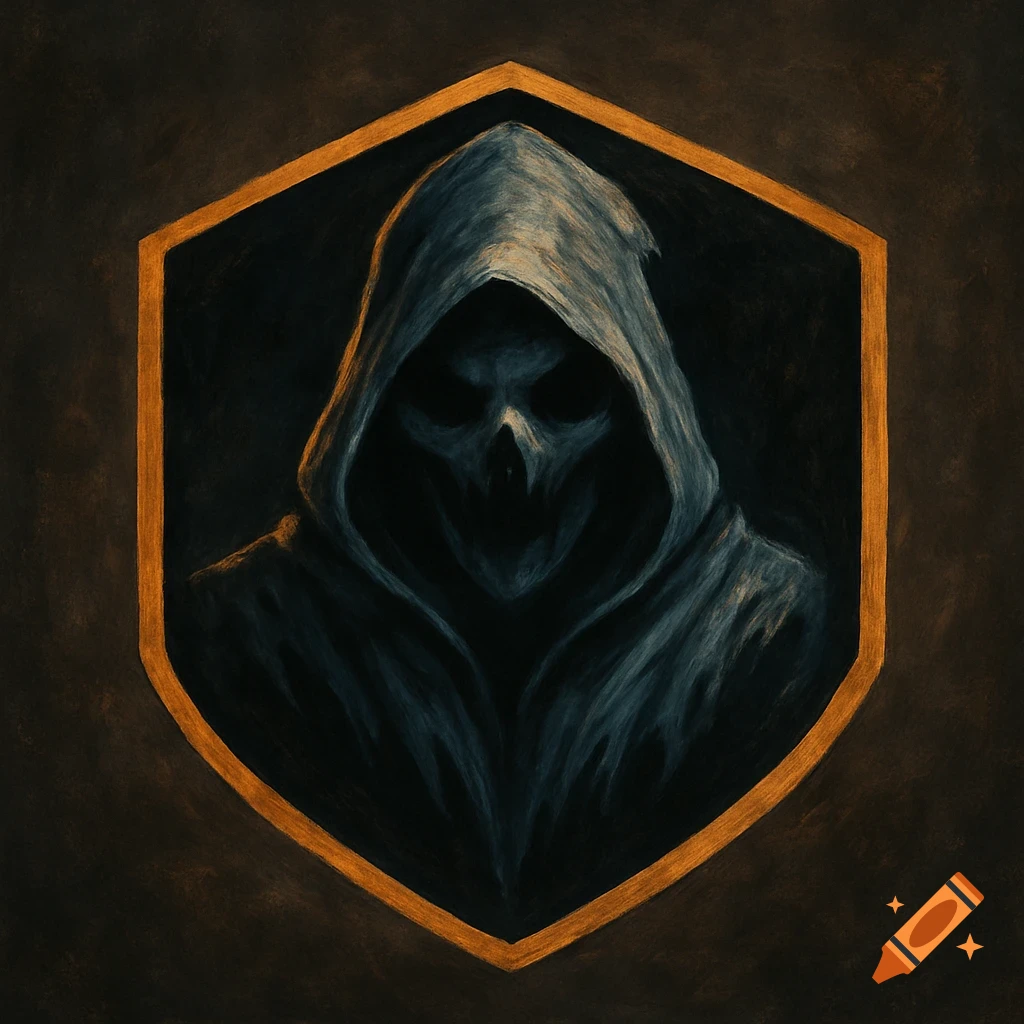 Spooky hooded figure emblem in a gold-bordered shield, painterly style.