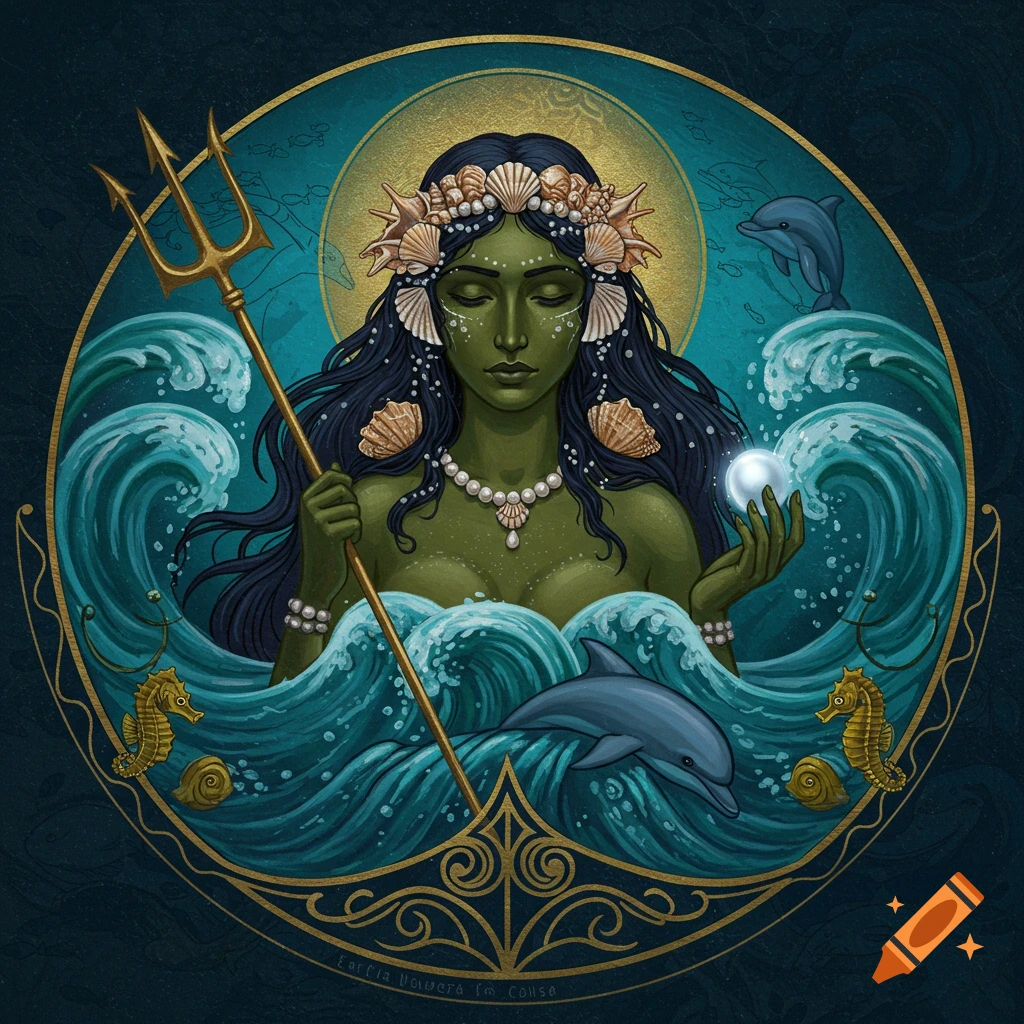 Stylized goddess of the sea holding trident and pearl, surrounded by waves, dolphins, and seahorses, in an icon style.