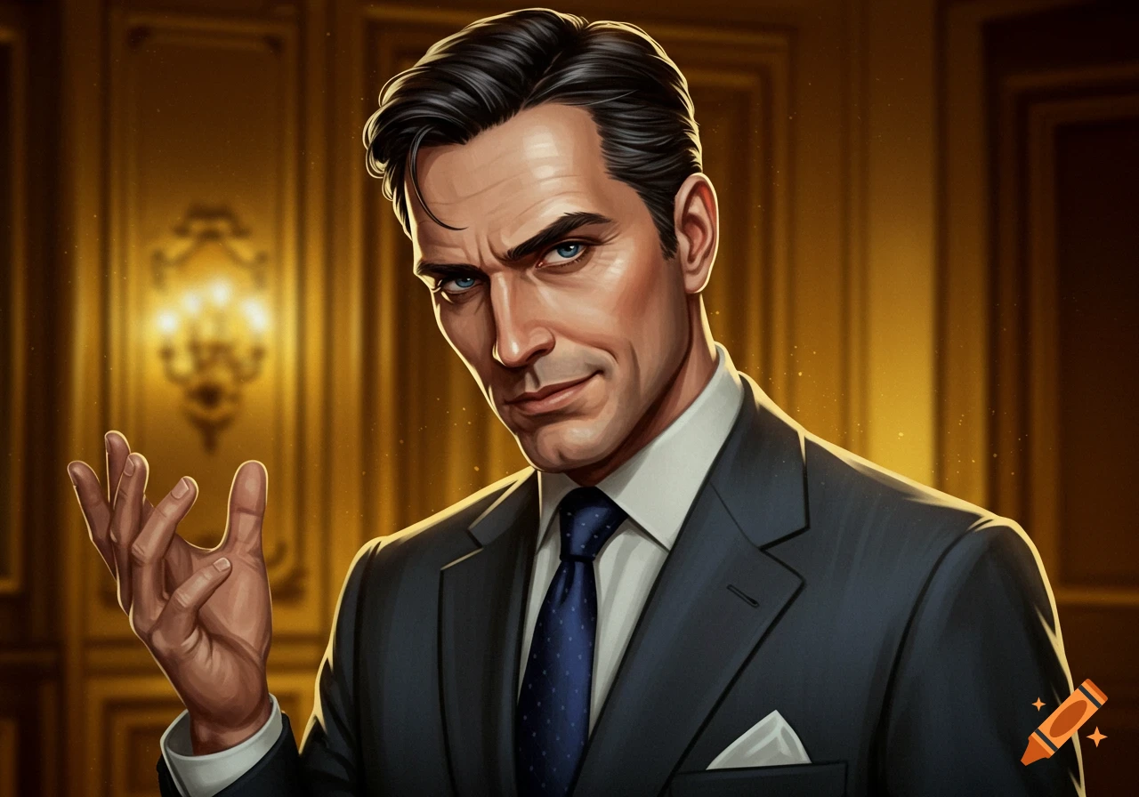 Illustration of a man in a suit raising his hand, with a smirk.