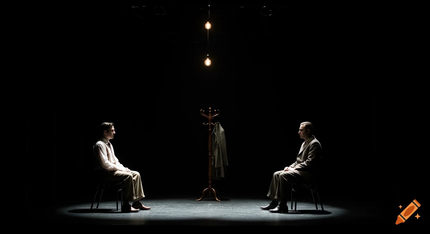 Two men in 1950s attire sit far apart on a dark stage with spotlighting, a coat rack, and hanging bulbs.