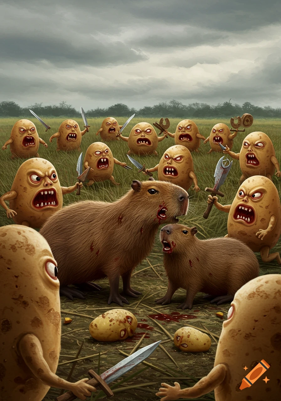 An army of angry anthropomorphic potatoes with weapons attacks two capybaras in a grassy field, illustration style.