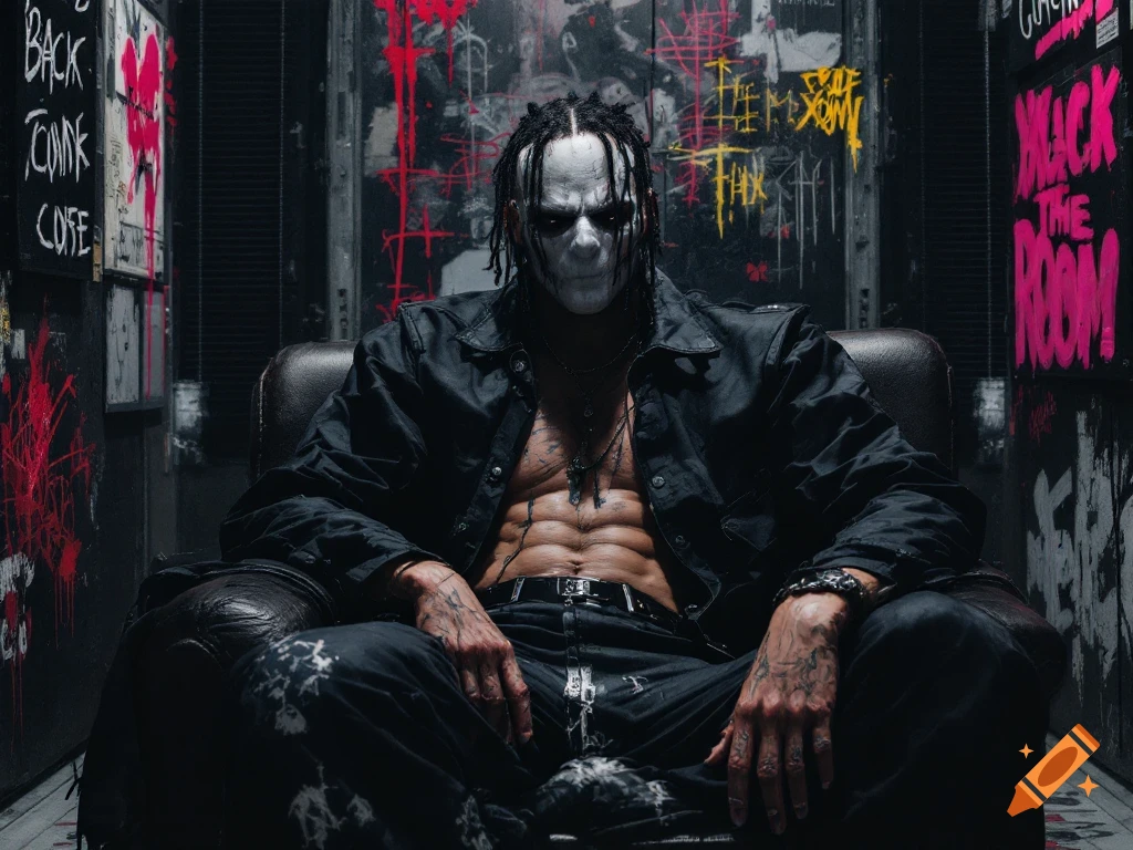 A person with face paint and dreadlocks sits in a chair in a graffiti-covered room.