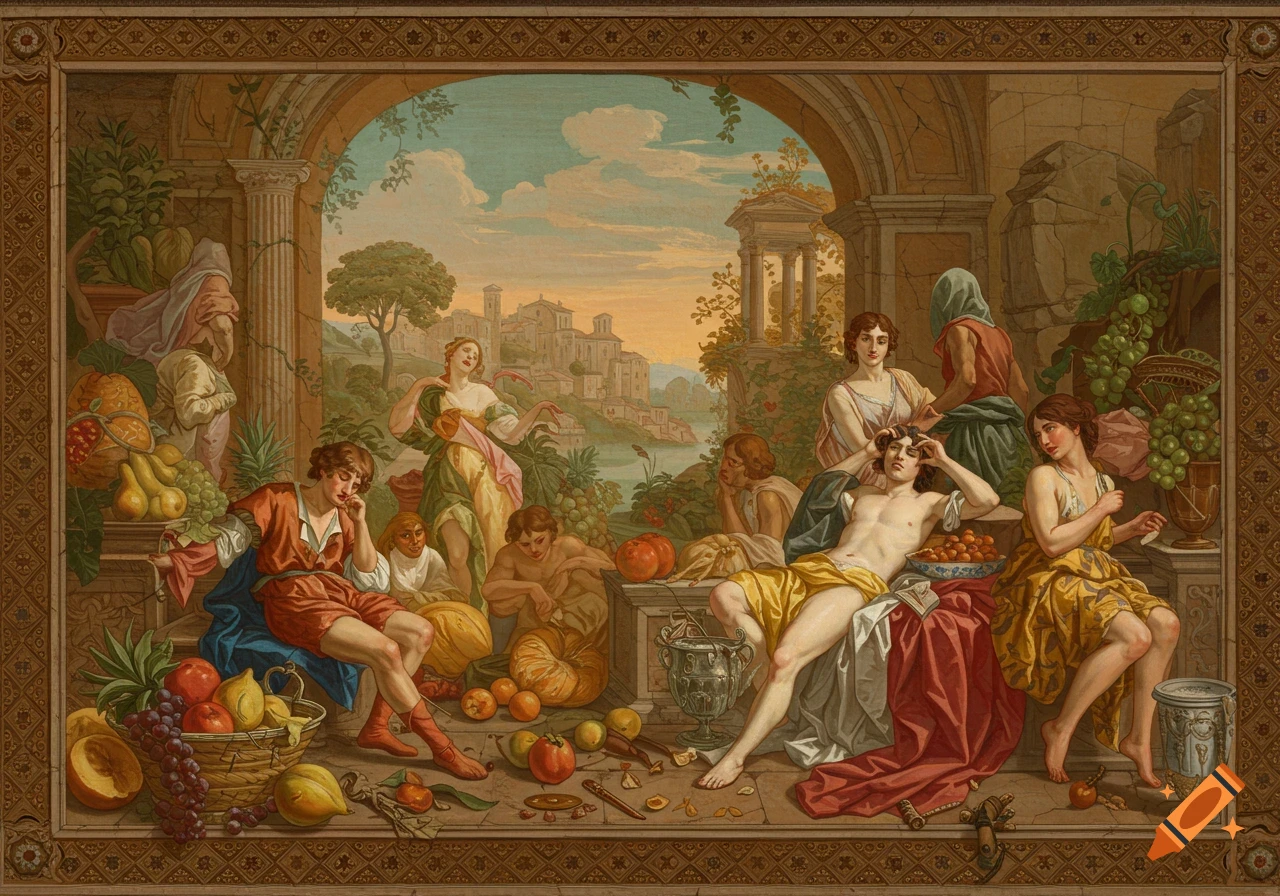 Classical painting of figures with fruit in an outdoor architectural setting.