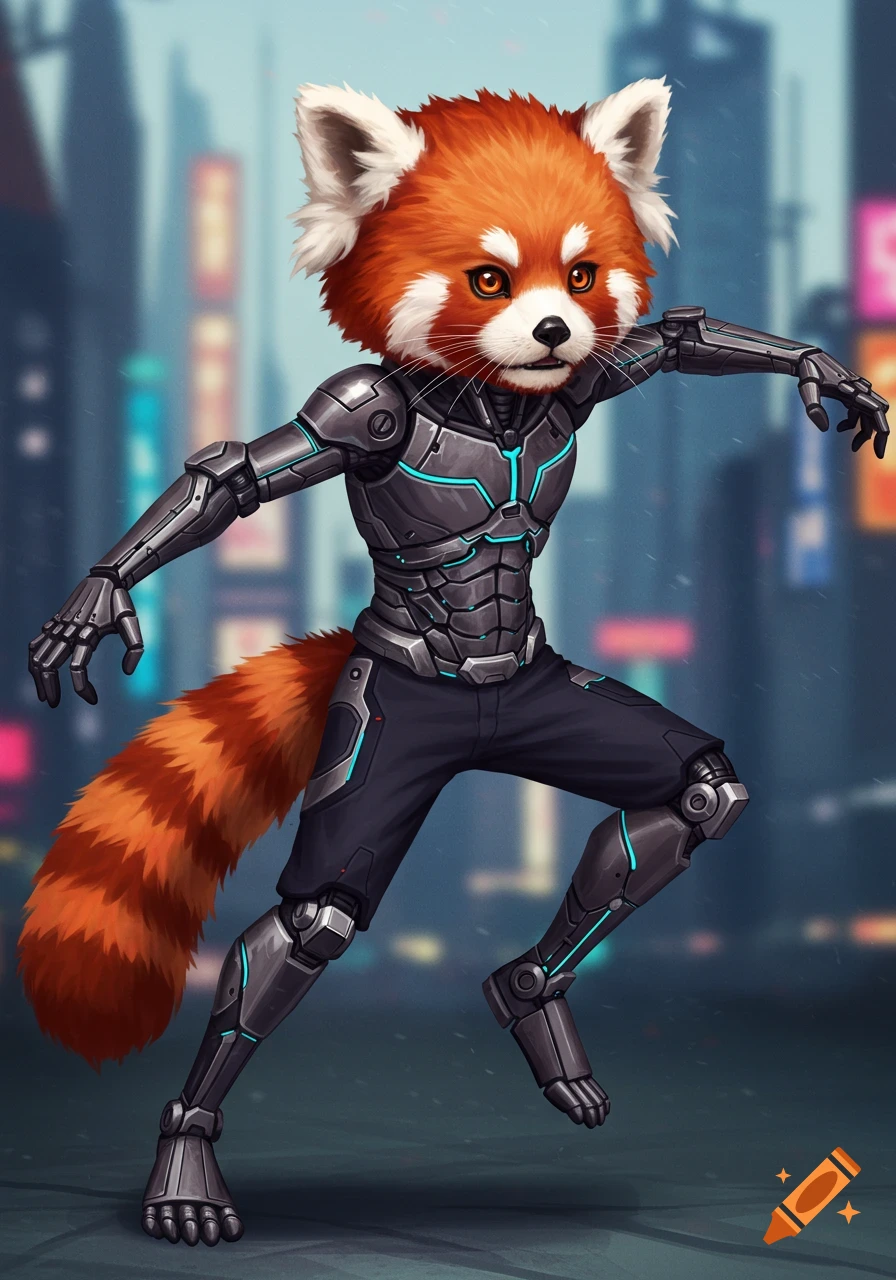 Red panda in futuristic cyborg armor in dynamic pose against city background.