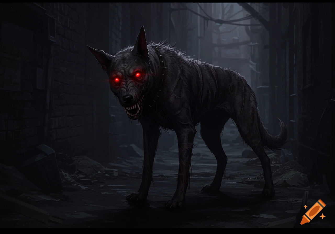 A scary, dark-furred dog with glowing red eyes bares its teeth in a dim, cluttered alleyway. Digital art.