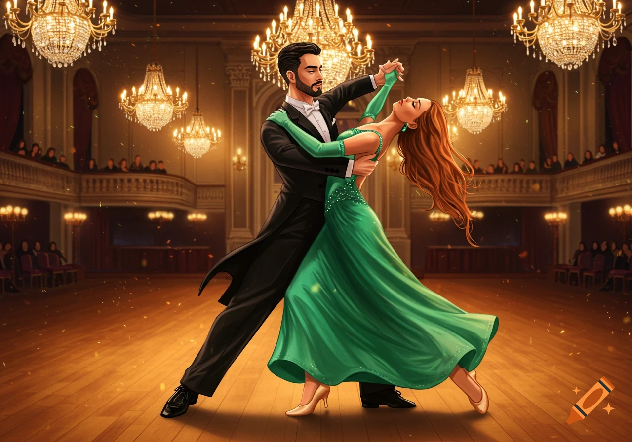 A couple in formal wear ballroom dancing in a grand hall with chandeliers, digital art.