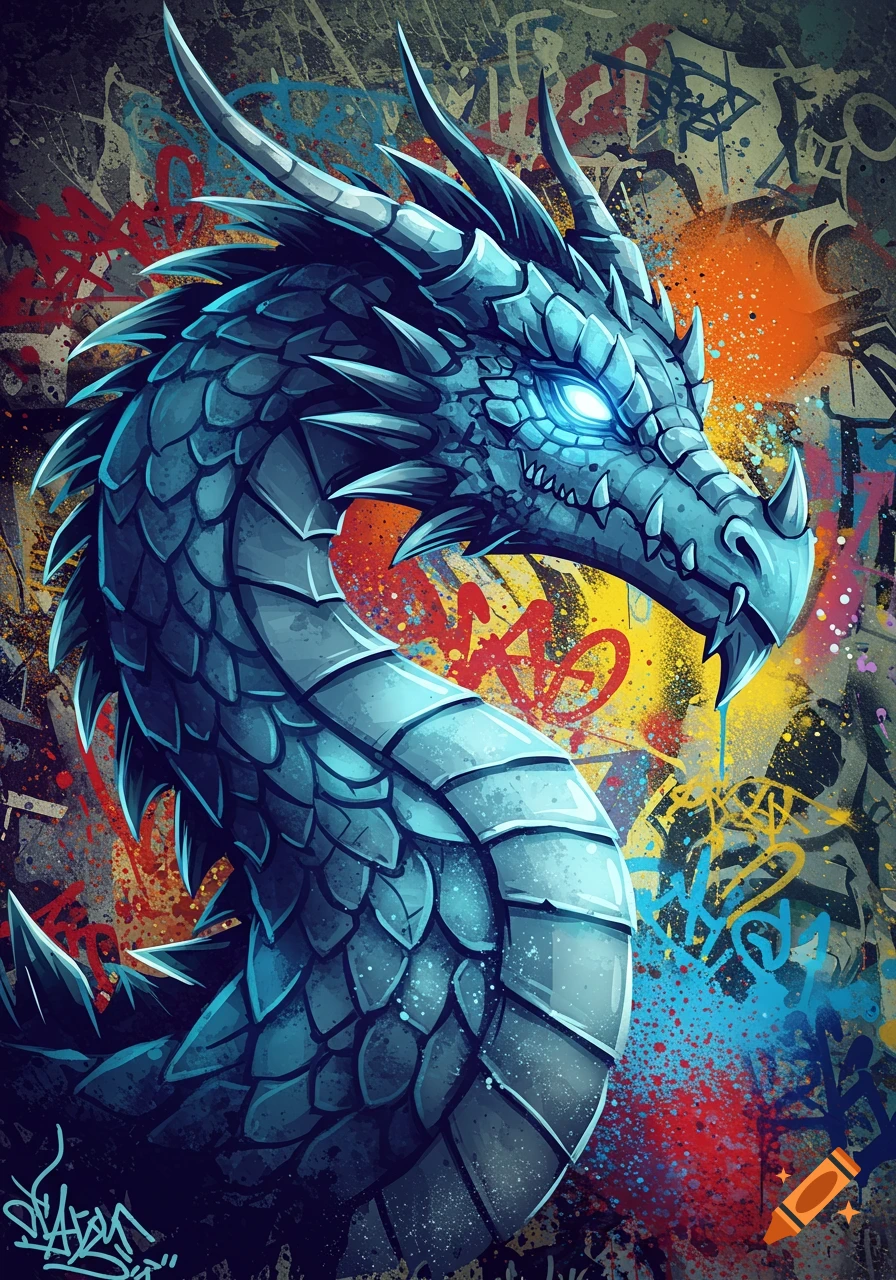 Stylized blue dragon with glowing eyes against a colorful graffiti background.